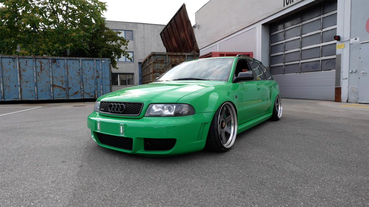 horsepower's tweet photo. Here is a 1,000+ horsepower Audi RS4 Wagon that is powered by a fully built turbocharged VR6, which is paired to the factory RS4 manual transmission, and features the Quattro AWD system. The car has Porsche brakes and is finished in Porsche’s Signal Green. https://t.co/hJbC7Lq56I