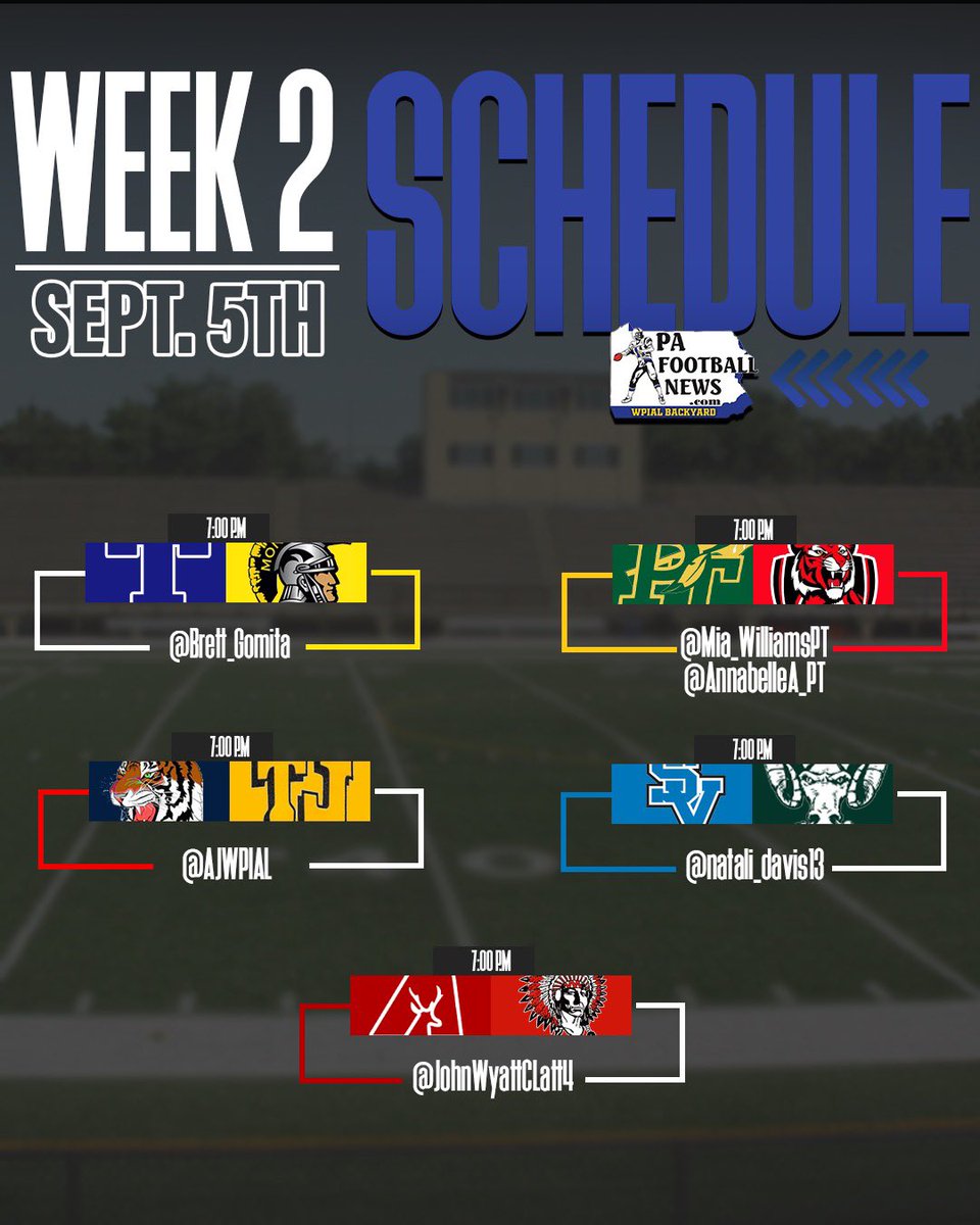 ⚠️WEEK 2 IS HERE⚠️
The crew has 5 EXCITING GAMES ON TAP FOR YOU‼️

Make sure to check in at these X’s and get LIVE UPDATES along with photos and video content‼️

<a href="/Brett_Gombita/">Brett Gombita</a> <a href="/Mia_WilliamsPT/">Mia Williams</a> <a href="/AnnabelleA_PT/">Annabelle Aquino</a> <a href="/AJWPIAL/">WPIAL Football Zone 🏈</a> <a href="/natali_davis13/">Davis Natali</a> <a href="/JohnWyattClatt4/">John Wyatt Clatterbaugh</a> 

<a href="/PaFootballNews/">Pennsylvania Football News</a>