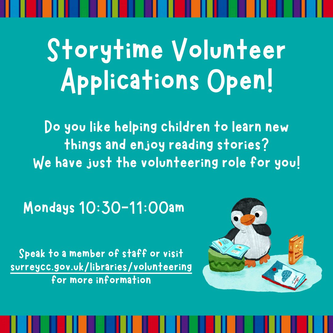 FarnhamLibrary's tweet image. If you enjoy reading stories and helping young children learn new things, become a #Storytime volunteer at Farnham Library!

Speak to a member of staff for more information or complete an application form here: surreycc.gov.uk/libraries/volu…

#Volunteering #FarnhamLibrary