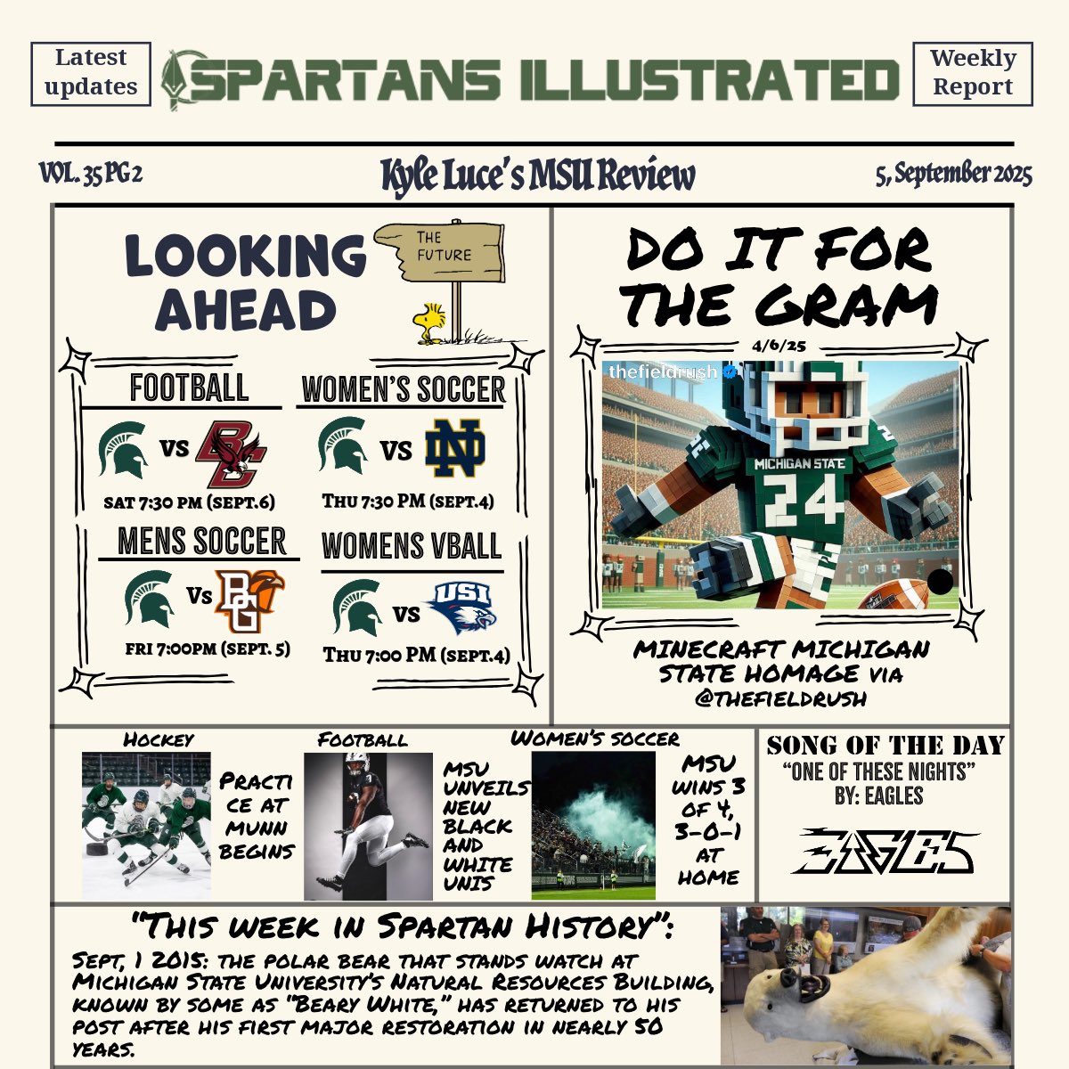 Spartans_Illo's tweet photo. Vol. 35 of the “MSU Review” 

- Spartans seek revenge under the lights, hosting Boston College 🏈
- New Alternate uniforms revealed ⚫️ ⚪️ 
- T.W.I.S.H : 9/1/2015— “Beary White”returns to natural resources building 🐻‍❄️ 

And more 👇 https://t.co/nQFrA6adCd