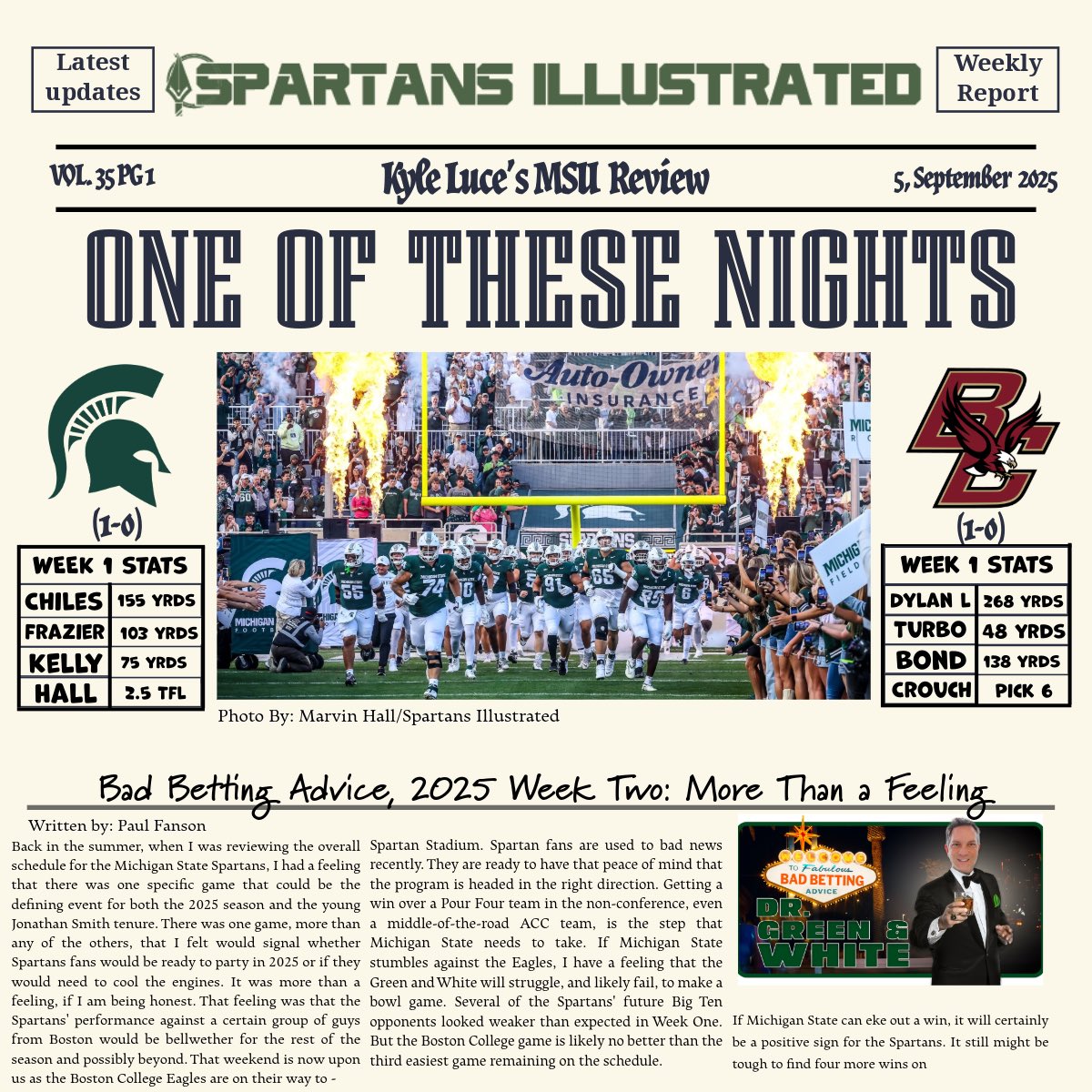Spartans_Illo's tweet photo. Vol. 35 of the “MSU Review” 

- Spartans seek revenge under the lights, hosting Boston College 🏈
- New Alternate uniforms revealed ⚫️ ⚪️ 
- T.W.I.S.H : 9/1/2015— “Beary White”returns to natural resources building 🐻‍❄️ 

And more 👇 https://t.co/nQFrA6adCd