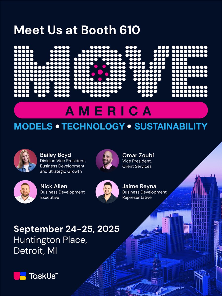 TaskUs's tweet image. Driver support. Fleet management. Fraud prevention. AI for #AutonomousVehicles.
We’ll cover it all at #MOVEAmerica2025!

Find Bailey Boyd, Omar Zoubi, Nick Allen and Jaime Reyna at booth 610 or book time to meet with them via the MOVE app. 

See you there!

#MOVEAmerica…