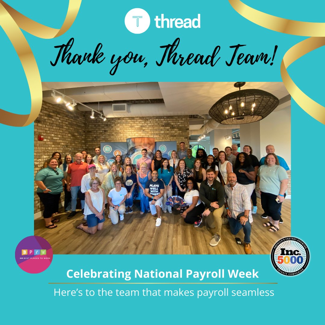 ThreadHCM's tweet image. We’re closing out #NationalPayrollWeek with gratitude for the Thread Team 💙
Your dedication ensures payroll runs smoothly for every client, every time.
#NationalPayrollWeek #ThreadTeam #PeopleFirst #DeliverWow