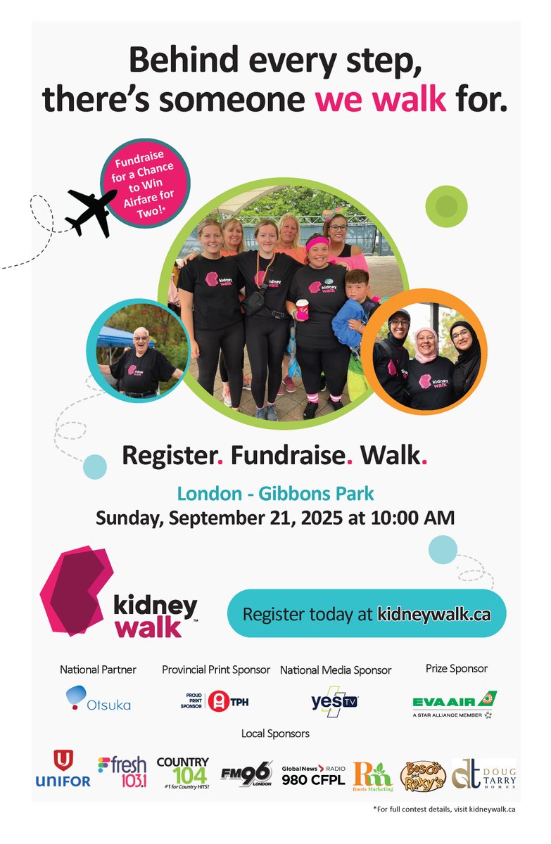 Behind every step, there’s someone we walk for.  Take part in the Kidney Walk on Sunday, September 21 at 10AM. Register. Fundraise. Walk. Every step makes a difference.

Register  at kidneywalk.ca and be part of the movement to support those living with kidney disease