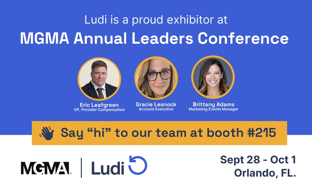 DocTimeLog's tweet image. Summer’s winding down, and the fall conference season is here! First up: 𝗠𝗚𝗠𝗔’𝘀 𝗟𝗲𝗮𝗱𝗲𝗿𝘀 𝗖𝗼𝗻𝗳𝗲𝗿𝗲𝗻𝗰𝗲, Sept 28–Oct 1 in Orlando.
The Ludi team will be there. If you’re attending, let’s connect for coffee or dinner!
mgma.com/conferences/le…