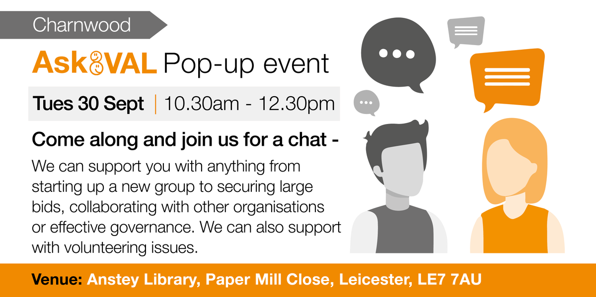 #askVAL 
Are you interested in getting involved in volunteering and community action in Leicestershire?
➡️Come along and join us for a chat to find out more: 
valonline.org.uk/event/2025/09/…