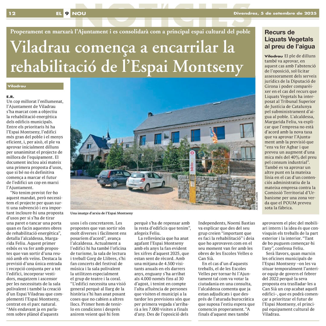 🗞 En l'edició d'avui 📅 divendres 5 de setembre el diari <a href="/el9nou/">El 9 Nou</a> publica dues 📰 notícies de #Viladrau