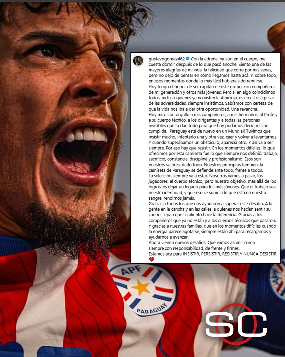 SC_ESPN's tweet photo. 🇵🇾 "ME CUESTA DORMIR DESPUÉS DE LO QUE PASÓ ANOCHE. SIENTO UNA DE LAS MAYORES ALEGRÍAS DE MI VIDA". La emocionante publicación del capitán de la Albirroja, Gustavo Gómez, luego de la histórica clasificación de Paraguay al Mundial. Un claro mensaje... "RENDIRNOS JAMÁS". 👊🏼 https://t.co/E2DvMMLwle