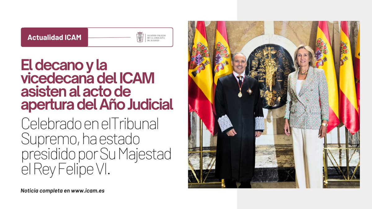 ⚖️El Decano del ICAM <a href="/EugenioRibon/">Eugenio Ribón</a>  y la Vicedecana <a href="/IsabelWinkels/">@Isabel_Winkels. Vicedecana ICAM</a> asisten al acto de apertura del Año Judicial en el <a href="/PoderJudicialEs/">Poder Judicial</a> 

El acto ha estado presidido por SM el Rey Felipe VI (<a href="/CasaReal/">Casa de S.M. el Rey</a>)

Más información➡️bit.ly/4gaorXi