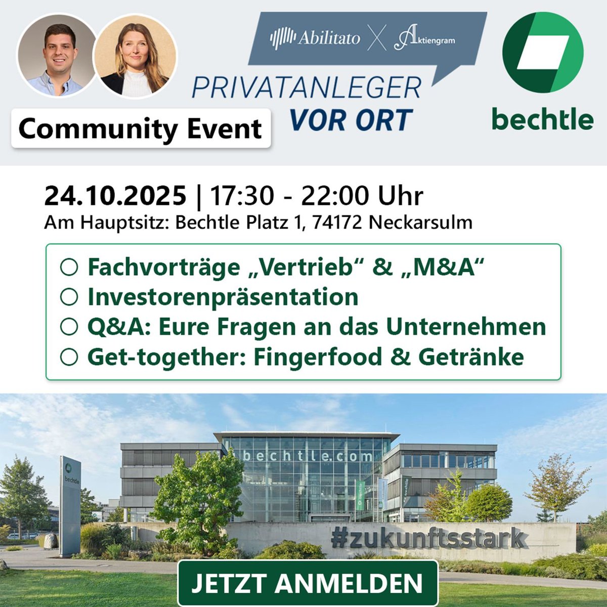 Community Event: Bechtle Meets Privatanleger vor Ort
Am Freitag 24. Oktober 2025 präsentieren Lisa Osada von Aktiengram und Jonathan Neuscheler von Abilitato ein Live-Event mit Bechtle in Neckarsulm.
Nutzt die Gelegenheit um die Firma besser zu verstehen und Euch mit anderen
