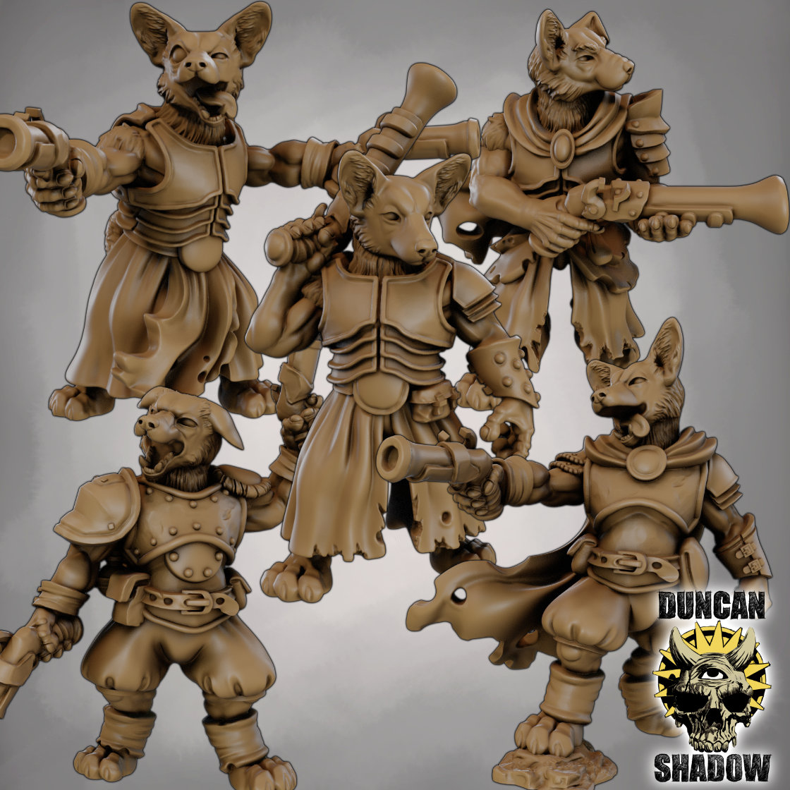 Dog folk with guns
One of the sets out this month. They also come as a multipart kit 
Come with pre supported options for resin printing