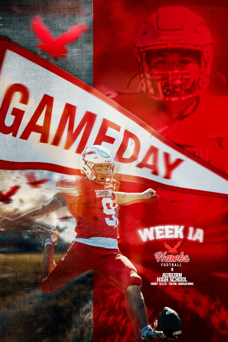 🏈GAMEDAY🏈

 HUDSON HAWKS (0-0) vs. Auburn Rockets (0-0)

7:00PM - MORGAN BOWL

🎟 ADULTS $5.00 STUDENTS + SENIORS $3.00 (PRE-SALE AVAILABLE 2:30PM-4:30PM HHS COURTYARD)

📺 <a href="/hudtv/">hudtv</a> tinyurl.com/HAWKS-FOOTBALL…
🦅🦅🦅