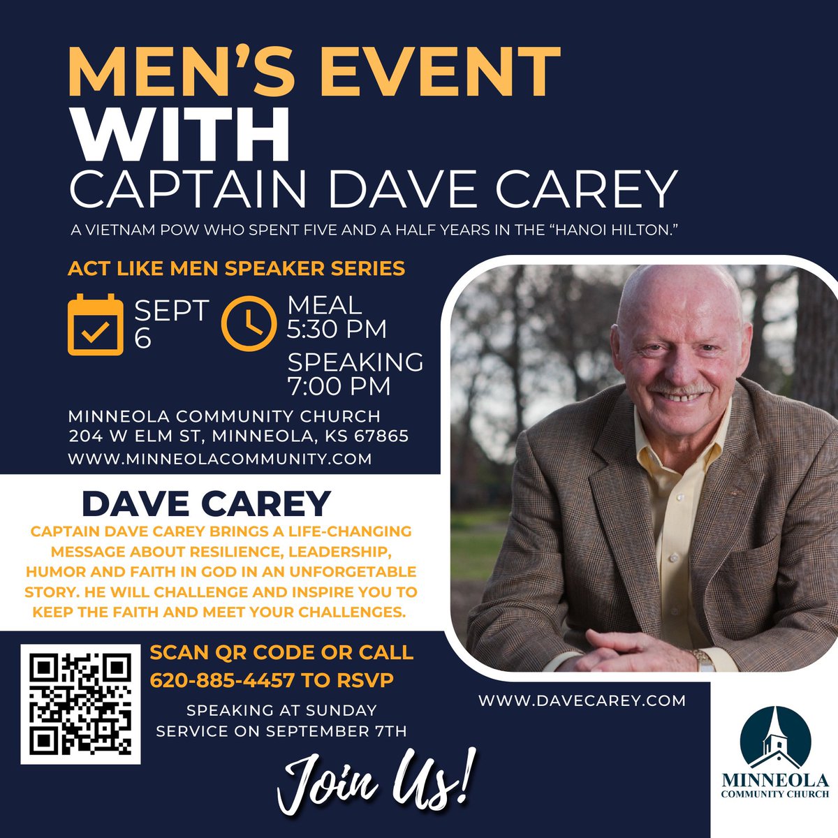 I'm inviting guys to come hear a Vietnam POW share his story Saturday night in Minneola. Grab your dad, boys, or some buddies and come on out. There will be a free BBQ meal before Dave speaks.