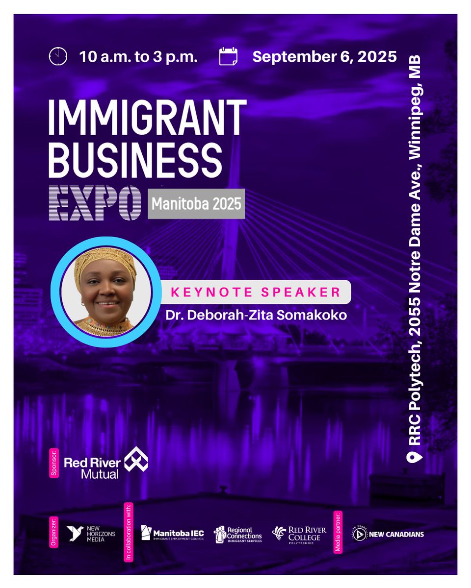 Get ready for #ImmigrantBusinessExpoManitoba tomorrow—an event packed with learning &amp; connection for new &amp; aspiring #NewcomerEntrepreneurs: buff.ly/JpUxXTh 

Join to hear inspiring words from keynote speaker Dr. Deborah-Zita Somakoko &amp; make the most of workshops &amp; more.