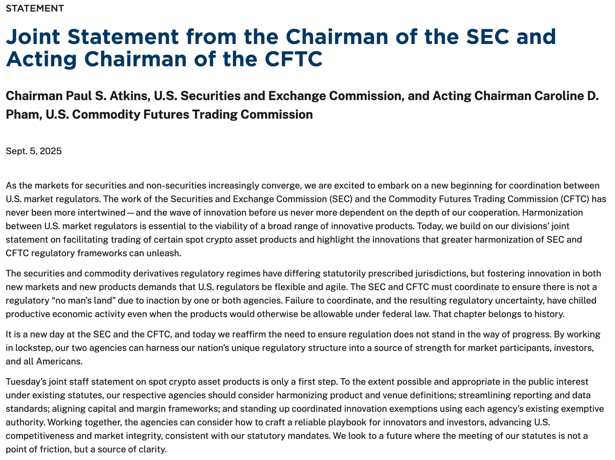 SEC 위원장과 CFTC 대행 위원장의 공동 성명
