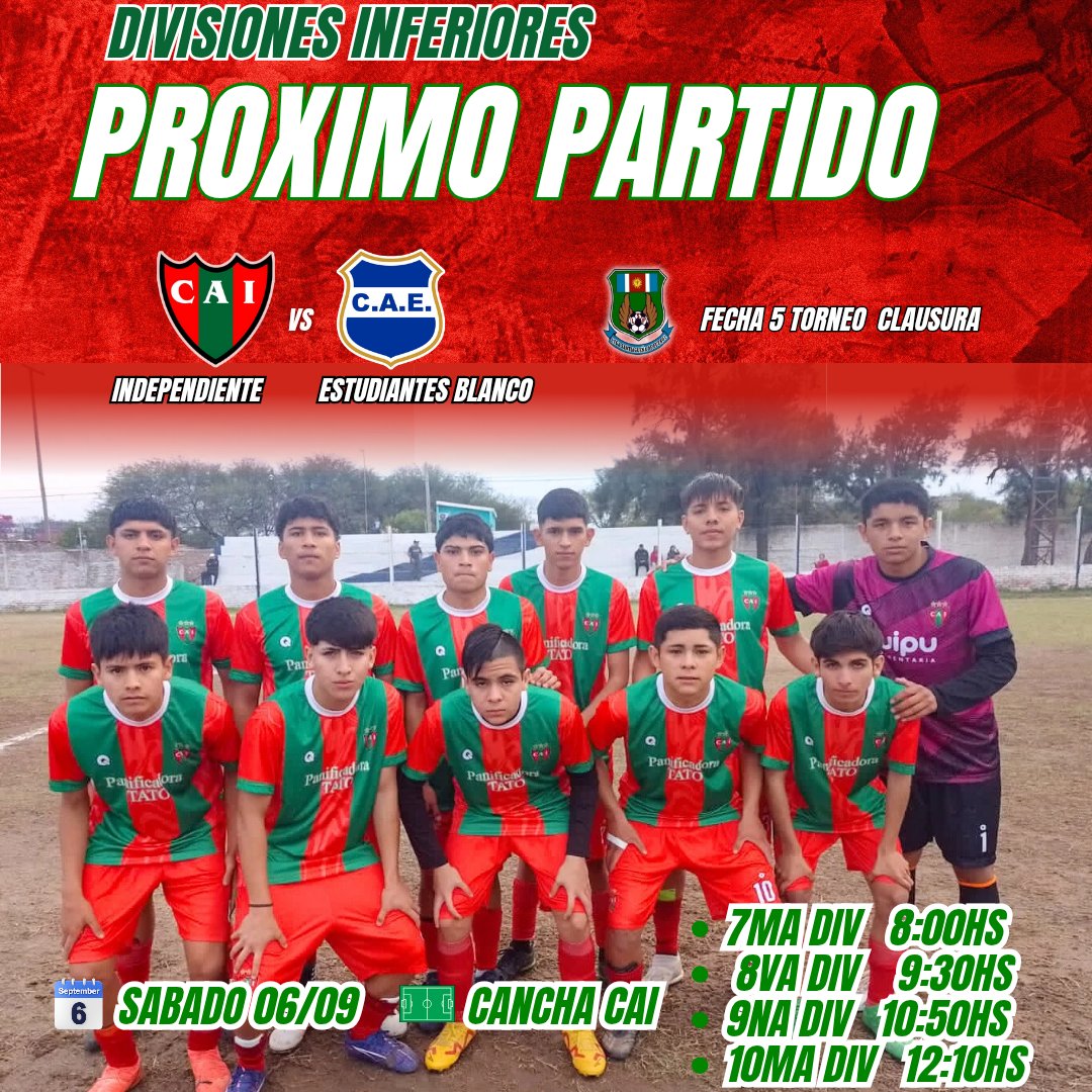 𝙅𝒖𝙚𝒈𝙖 𝙚𝒍 𝒔𝙚𝒎𝙞𝒍𝙡𝒆𝙧𝒐!⚽️🏃🔴🟢🔴

🔜 ¡PRÓXIMO PARTIDO!
DIVISIONES INFERIORES 》》》
👉🏾 Fecha 5 l Liga Santiagueña de Fútbol 
🏆Torneo Clausura
🗓 SAB 6/9
🕑 Desde las 8.00hs
🆚️ Estudiantes Blanco
🏟 CAI
#Rojoyverde ❤️💚❤️ #futbol #divisionesinferiores