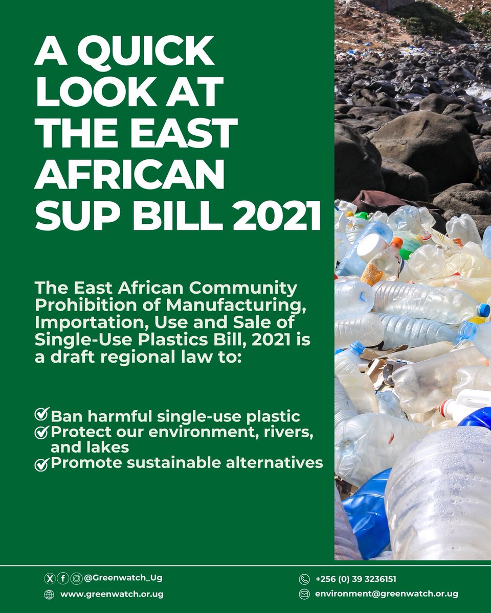 Greenwatch_Ug's tweet photo. Did you know? The East African Community has drafted a Single-Use Plastics Bill (2021) to ban harmful plastics across the region! 
This landmark law aims to protect our environment, health, and future generations. 

👉 Over the next days, Greenwatch will break down the Bill for you. Let’s start with why it matters!

@laconicabdun @UNBiodiversity @greenlensug @theflipflopi @ciel_tweets @elawus @ClientEarth @nellysalvatoreB @AnjeliSant53416