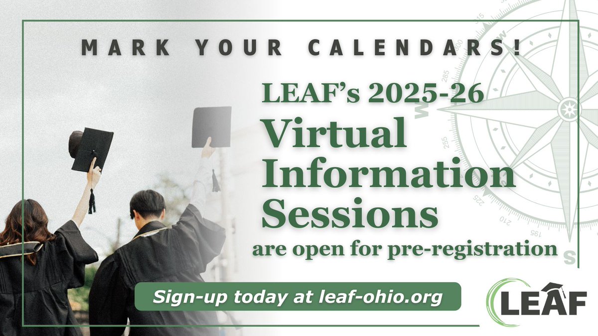 LEAF Virtual Information Sessions cover all phases of postsecondary planning including college applications, financial aid, student loans, and alternatives to a four-year college. Visit leaf-ohio.org/virtual-sessio… to view our 2025-26 session calendar and sign up today!