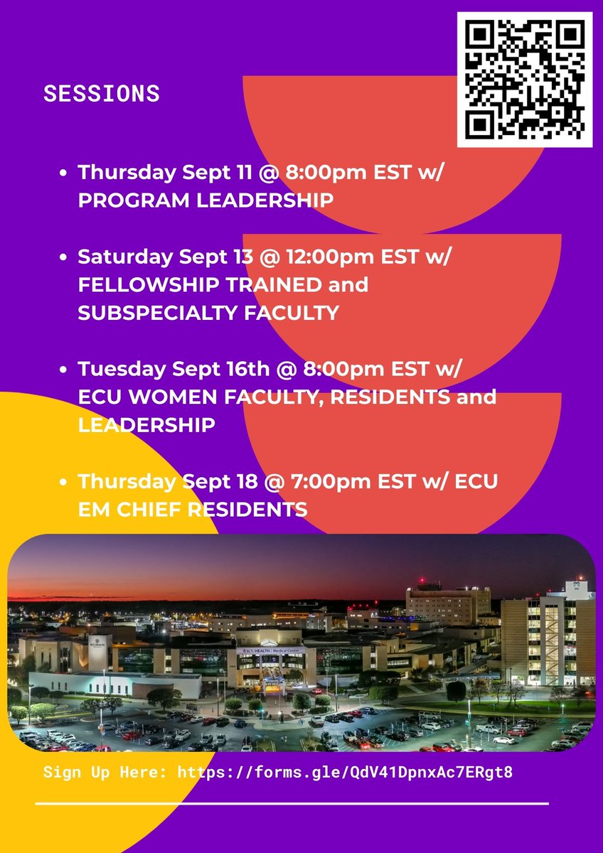 Hey, #EMBound students 👋🏼
Come meet some <a href="/ECU_EM/">ECU EM</a> Faculty and <a href="/ECUEMRes/">ECU Emergency Medicine Residency</a> Residents at our upcoming Info/Q&amp;A Sessions over the next few weeks!
Sign up link: forms.gle/UNDqqPdFEPJDUq…