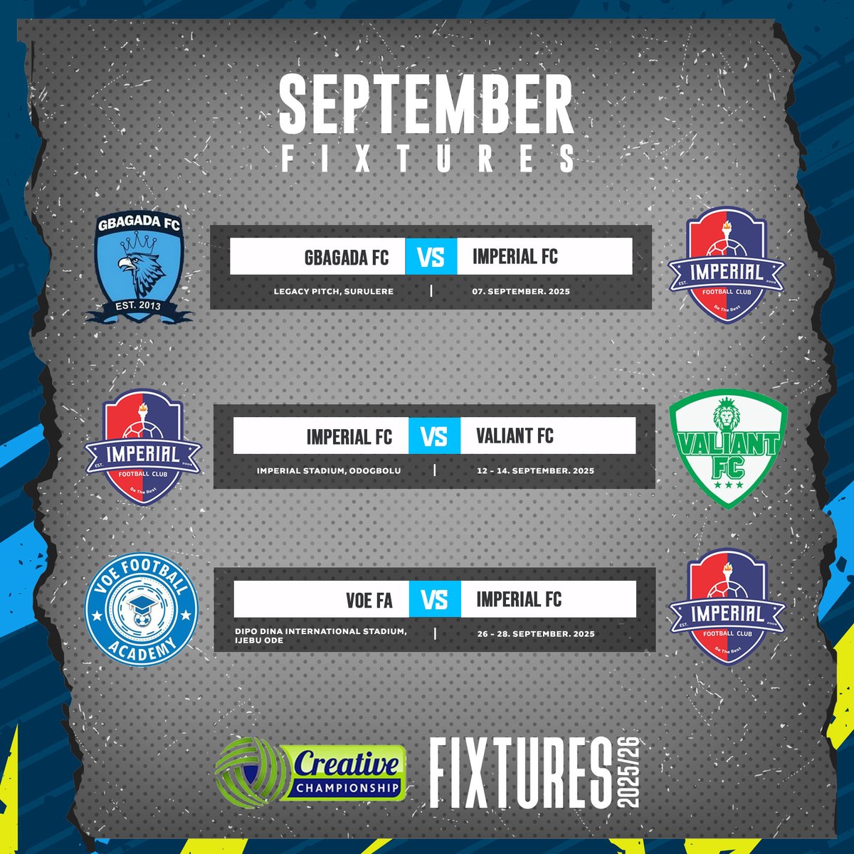 ImperialFClub's tweet photo. We kick off our TCC League season this Sundayy with an exciting away clash against Gbagada FC.

This month, the schedule has us on the road twice and at home once.

With every game counting, and we’re ready to give it our all.

#ImperialFC #bethebest #TCCLeague #SeasonKickoff https://t.co/lKSfJ0jzY8