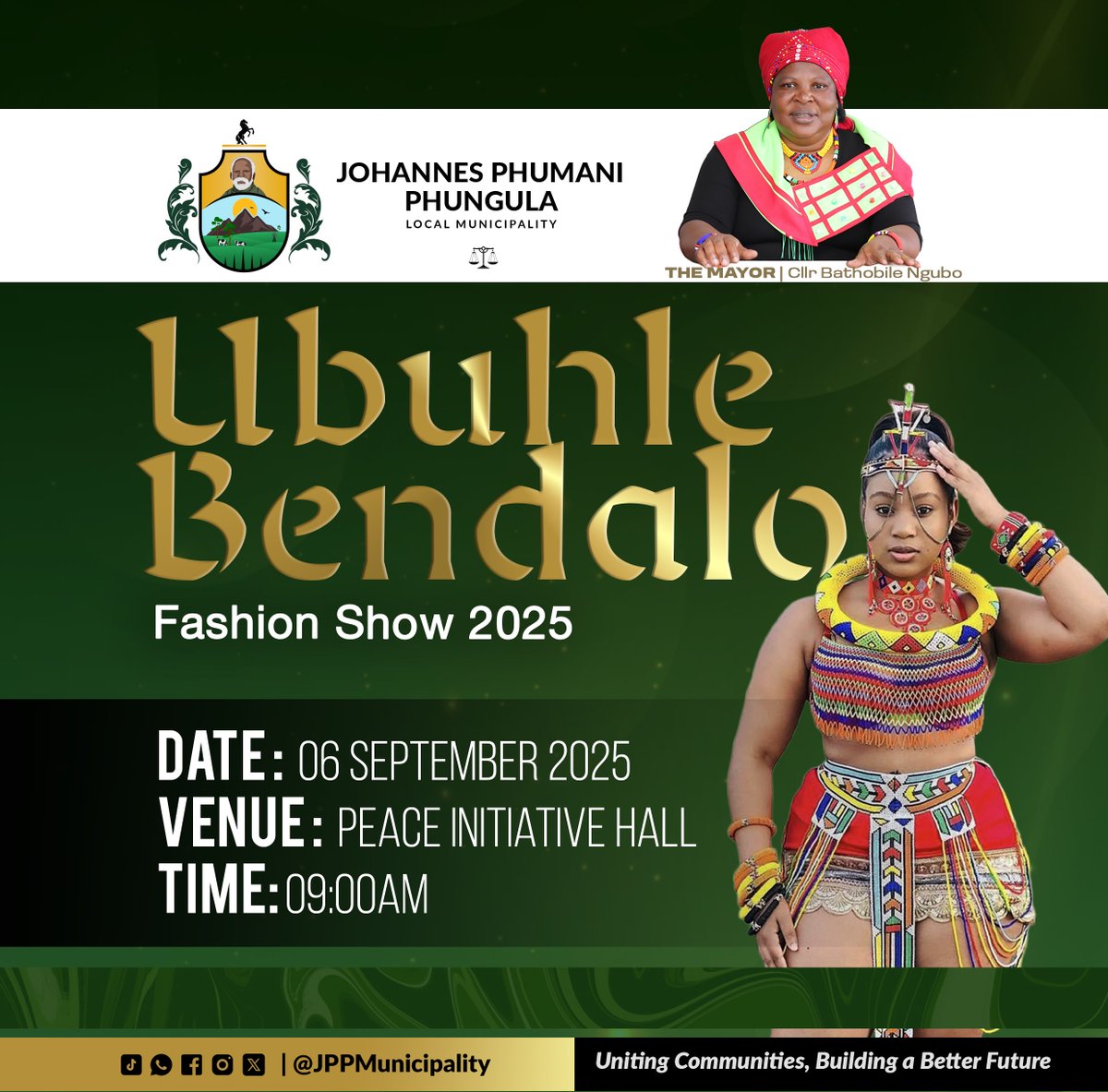 UBUHLE BENDALO &amp; FASHION SHOW 2025 🎨👗

HLANGANYELA nathi emcimbini wobuhle bendalo kanye nombukiso wengqephu. Lo mcimbi uhlelwe kanje

📅 06 kuMandulo 2025
📍 Peace Initiative Hall
⏰ 09:00 ekuseni