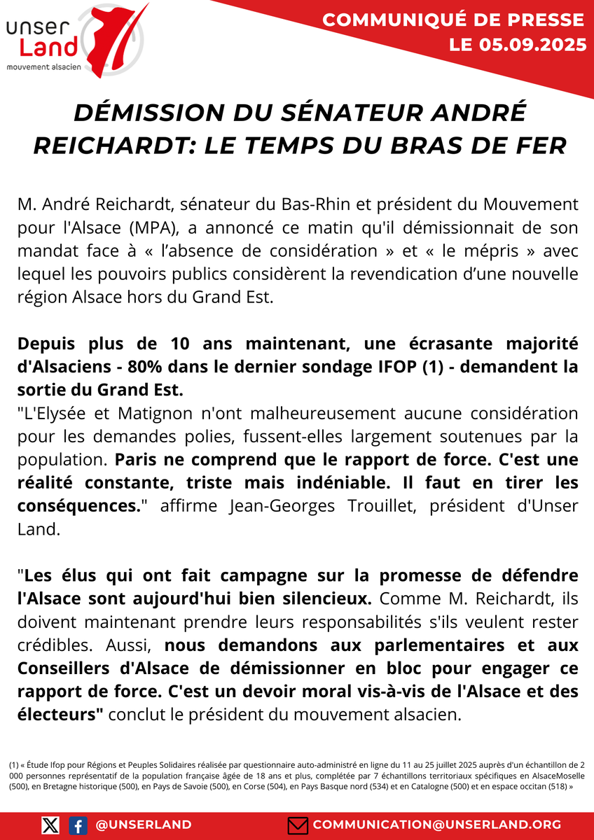 UnserLand's tweet photo. 📢 Démission du sénateur André Reichardt: Le temps du bras de fer commence.

Nous demandons aux parlementaires et aux Conseillers d'Alsace de démissionner en bloc pour engager ce rapport de force. C’est un devoir moral vis-à-vis de l’Alsace et des électeurs. @jgtrouillet 
 
#alsace #politique @RetPS @toutelalsace