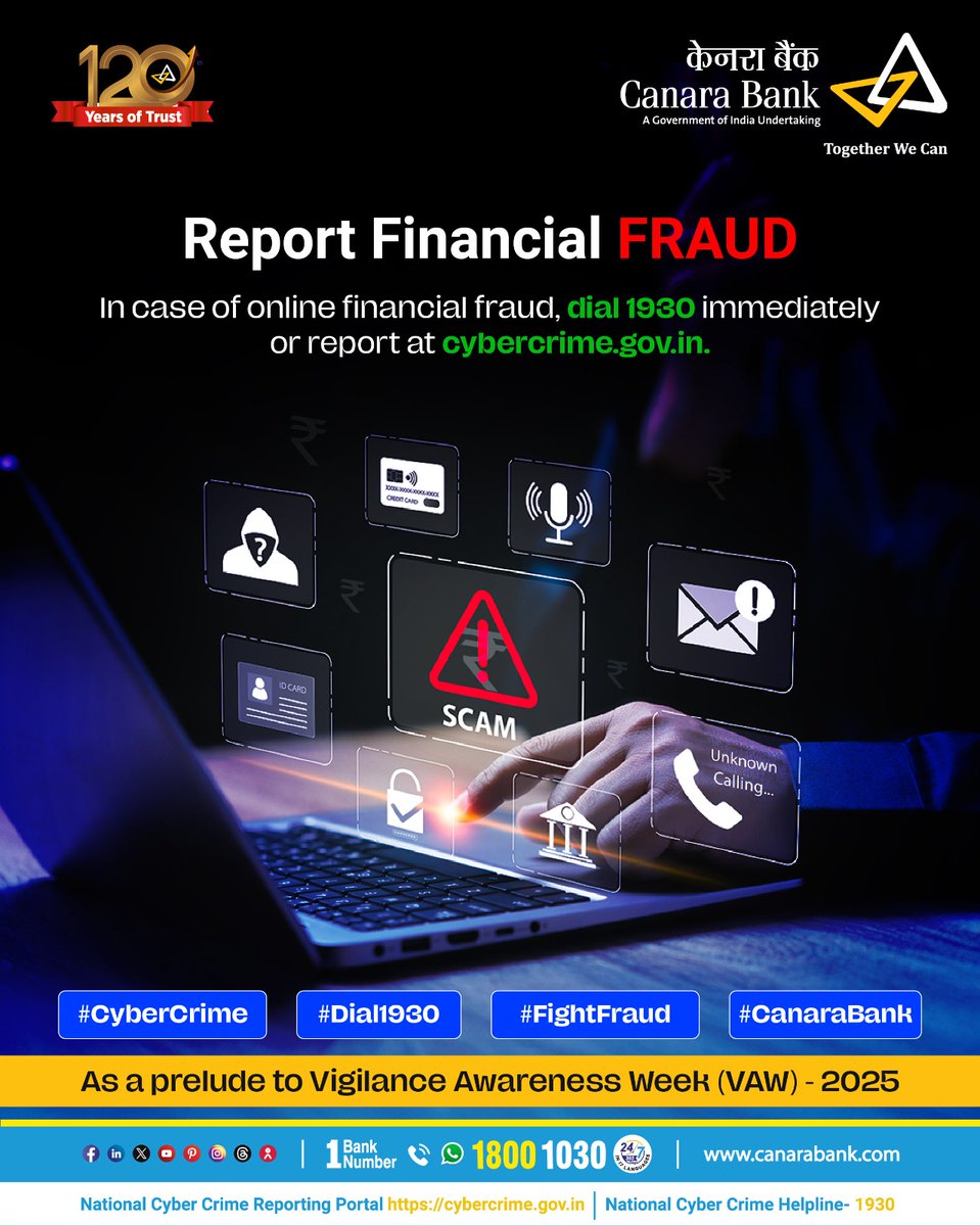 canarabank's tweet photo. Protect your hard earned money from cyber frauds. Report any unauthorized digital transaction without delay at https://t.co/0MJfSseKDa or by dialing 1930. Remember, immediate action is the key to safeguarding your finances.
#CanaraBank #Cybercrime #Dial1930 #FlightFraud https://t.co/ZchT28oH5W