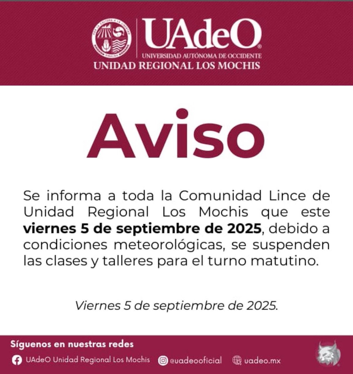 noticieristas's tweet photo. 🎒| La #UAdeO Los Mochis también suspende sus actividades escolares este viernes en el turno matutino debido a las lluvias registradas en municipios del norte de #Sinaloa. #Ahome https://t.co/rfGeDz0xfh