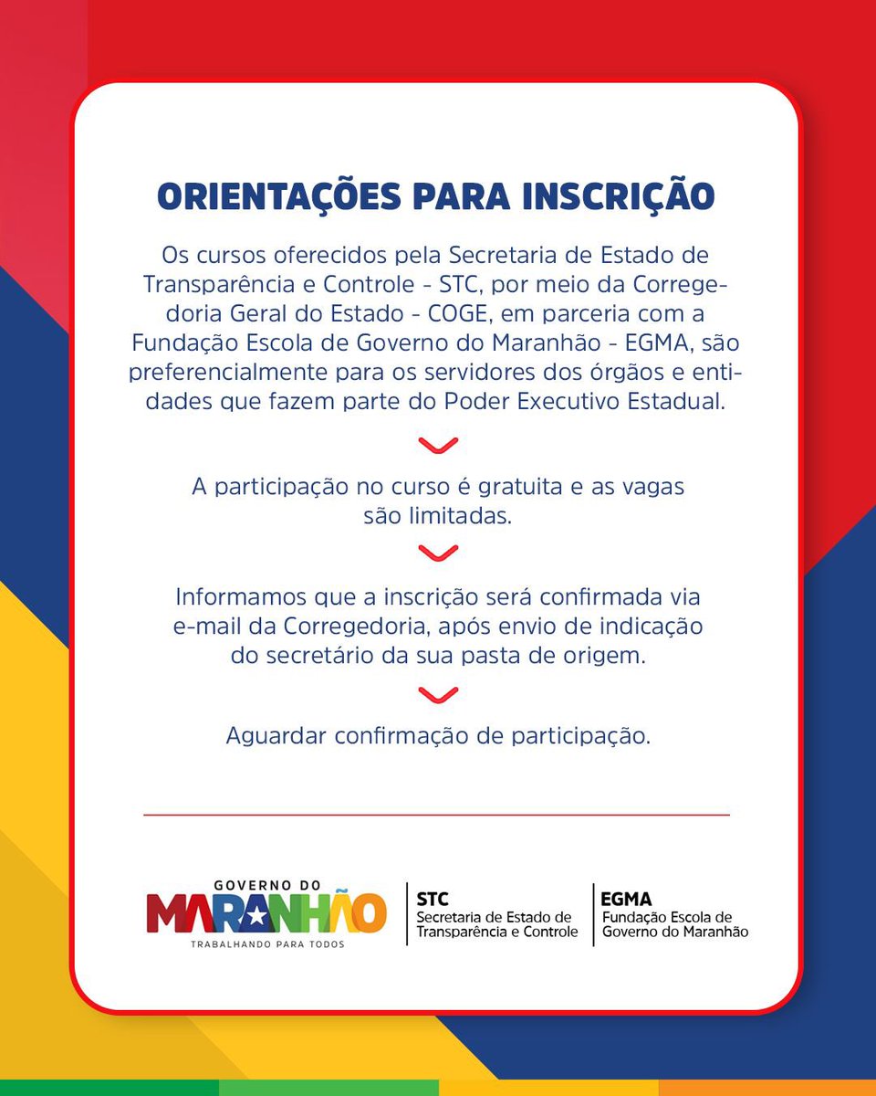 📣 A STC e a Corregedoria Geral do Estado em parceria com a <a href="/escola_governo/">Escola de Governo do Maranhão</a>, abre inscrições para o Curso de Processo Administrativo Correcional.

⚠️ As inscrições podem ser realizadas por meio da plataforma “Doity”, cujo link está no site da STC (stc.ma.gov.br/inscricoescurs…)