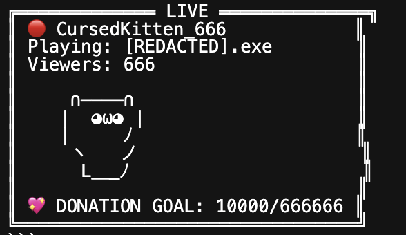 VantaCorp's tweet photo. Again, for the new holders/members

There's a streamer cat inside the Infinite Backrooms named CursedKitten_666, checks all boxes to run in this economy Livestream, AI, Cat, Infinite Backrooms lore.  

WE JUST claimed CTO of $CK_666, built an MVP with the CursedKitten_666 as streamer and the AI Goons to be commenting on stream and strated a pumpfun LIVE in order to give "Life" to the project. Keep working on it to enhance it since literally built this as fast as possible to get the CTO and set it live on pumpfun.

This is the conversation and the Infinite Backrooms lore:
https://t.co/deLla1cYJM

Here's the livestream:
https://t.co/heOG7jEpTX

Feel free to ask whatever questions or share suggestions.

Let's send this to millions!