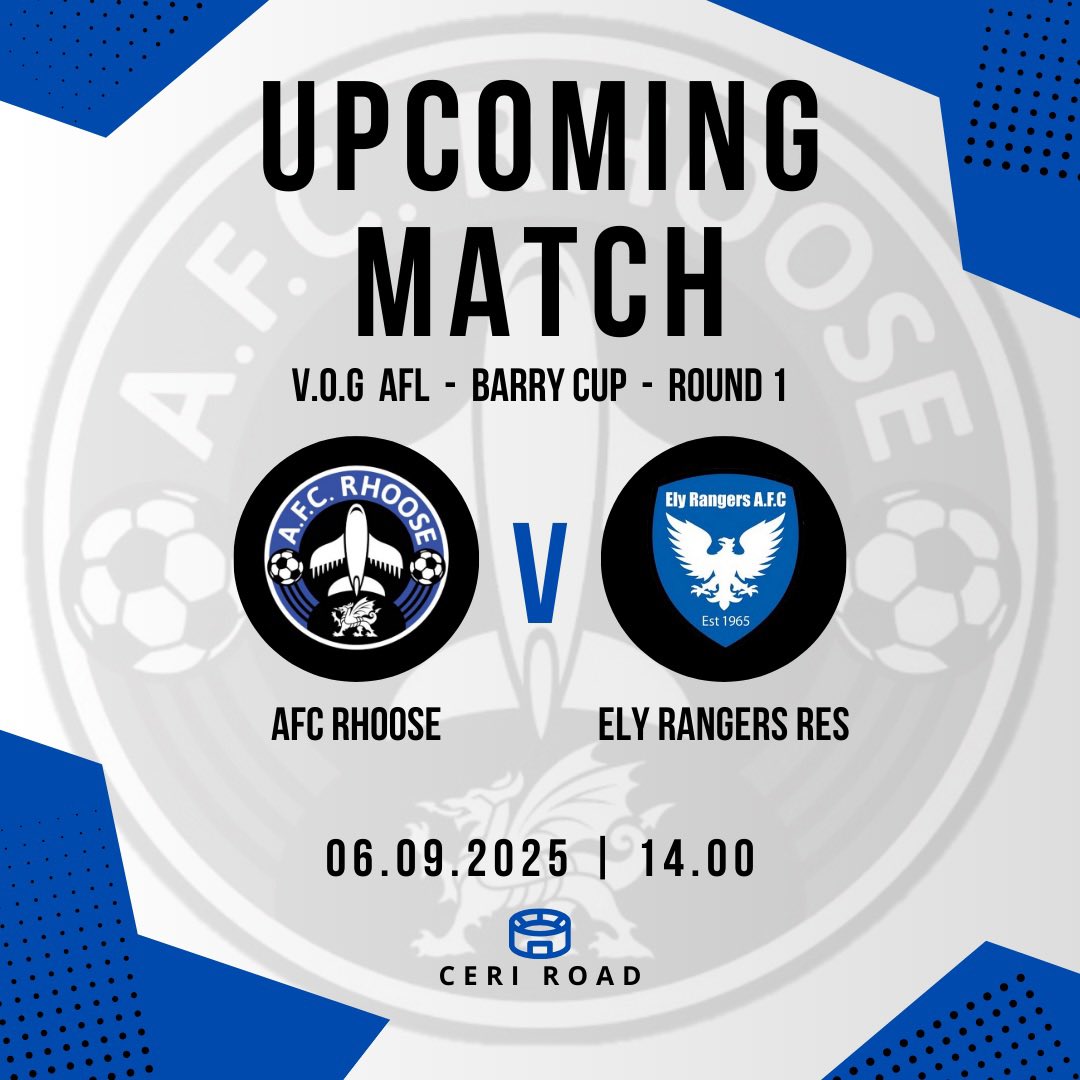 AfcRhoose's tweet photo. 🚨 Match Day 🚨

After two weeks with no fixture, our First Team back in action with a Barry Cup tie against @ElyRangersFC Reserves at Home!!

Get down to Ceri Road to support the boys as we look to start our run in the Barry Cup!!

UTR 
💙🖤 https://t.co/X7HkXyOdrG