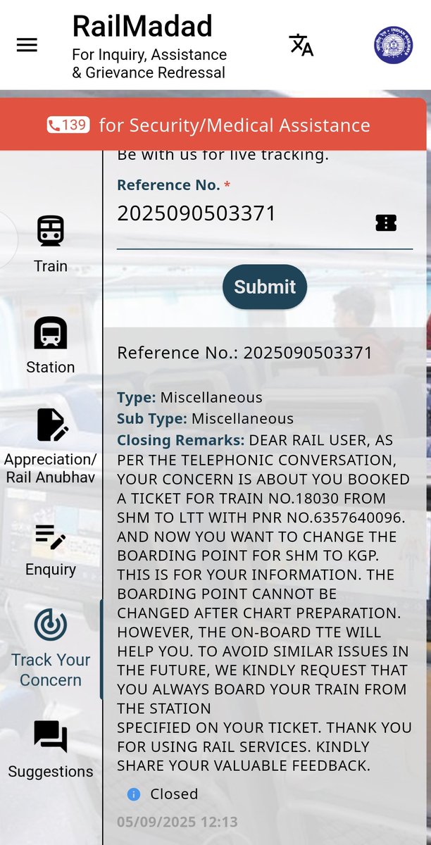 AdvMalshe's tweet photo. Thank you and Proud of You @RailMadad @AshwiniVaishnaw
@RailwaySeva
Today my relatives wanted to travel with 18030 SHALIMAR express train from Kharagpur to LTT. Unfortunately we forgot to change boarding point of our journey as the reservation made from SHALIMAR to LTT. I got to know the issue today morning. I immediately shared the problem through Rail madad application vide query or complaint no 2025090503371 . I wrote my difficulties in my complaint and asked to the authorities for urgent help. I got a call from concerned railmadad team and they resolved my issue within stipulated time on priority. The railmadad team immediately contacted the onboard TTE and asked them not to cancel the seat bookings and allow my relatives to board at Kharagpur station. My relatives boarded the train and got their seats smoothly.  It is really appreciated.  I am really proud of team RailMadad and our Indianrailway team as well. Thanks a lot.