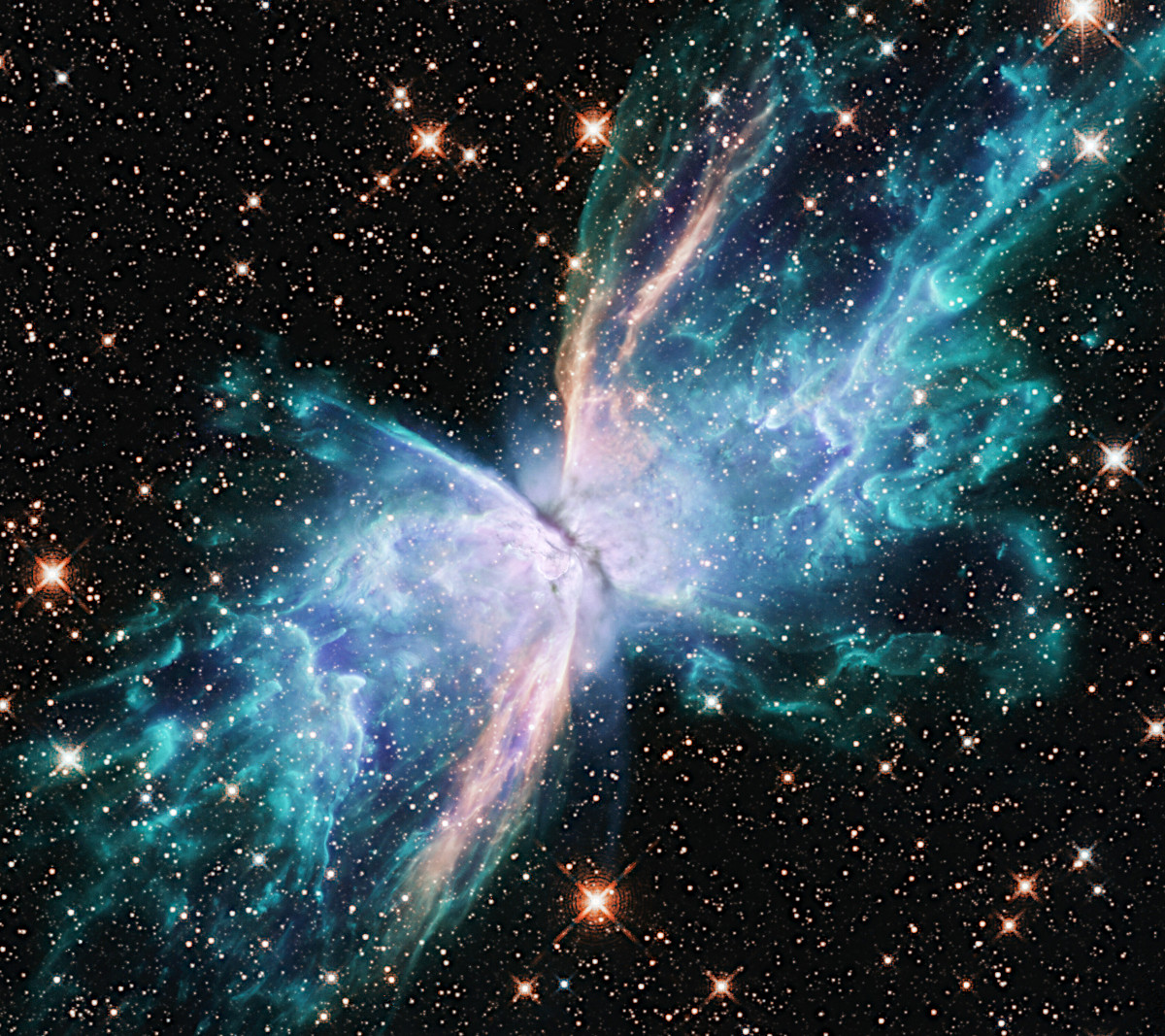Astropics_bb's tweet photo. こちらはハッブル宇宙望遠鏡がとらえたバタフライ星雲（NGC 6302）」と呼ばれる惑星状星雲。以前公開された画像です。“翅（はね）”は、2万℃以上に加熱されたガスで、時速90万km以上で広がっています。

https://t.co/udCICEXVEl

Image Credit: NASA, ESA and J. Kastner (RIT) https://t.co/9LltG5HpIR