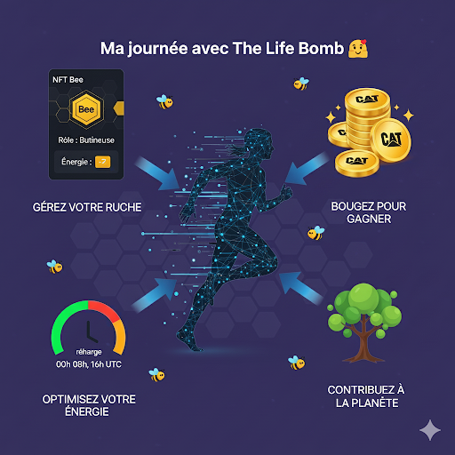 AmauryBohr's tweet image. Ma routine quotidienne avec #TheLifeBomb 🏃‍♂️ C'est plus que du #MoveToEarn, c'est une stratégie! Entre la gestion de mes abeilles NFT 🐝, l'optimisation de mon énergie ⚡ et mes gains en $CAT, chaque pas compte. Prêts à rejoindre la ruche? #M2E #GameFi #Solana #NFT @solanamobile