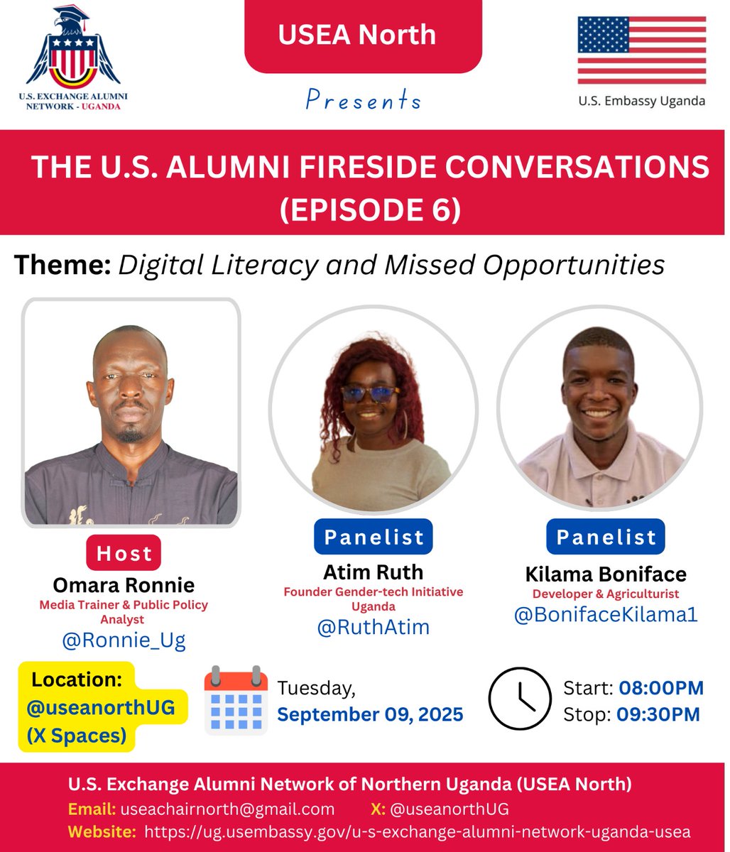 We are on this coming Tuesday 9th September in another Fireside Conversation focusing on #DigitalLiteracy and Missed Opportunities. The platform is provided by <a href="/useanorthUG/">U.S. Exchange Alumni Network of Northern Uganda</a> I'll be your host for the evening.👌🏾
#YALITransformation
<a href="/YALIRLCAlumniUg/">YALIRLCEA Alumni- UG</a> 
<a href="/rlceastafrica/">RLC East Africa</a>