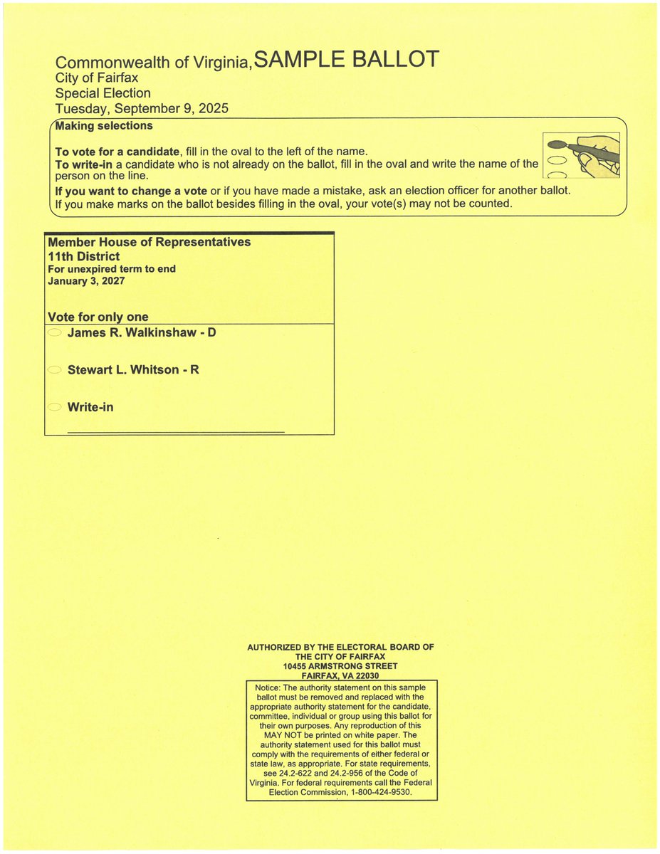 TOMORROW (9/6) is the last day for <a href="/CityofFairfaxVA/">City of Fairfax, VA</a> residents to vote early at Fairfax City Hall from 8:30am - 5pm for the September 9. 2025, Special Election. 

What to know: 
✅Bring an acceptable ID 
✅Curbside voting is available  

For more, visit: Fairfaxva.gov/Vote