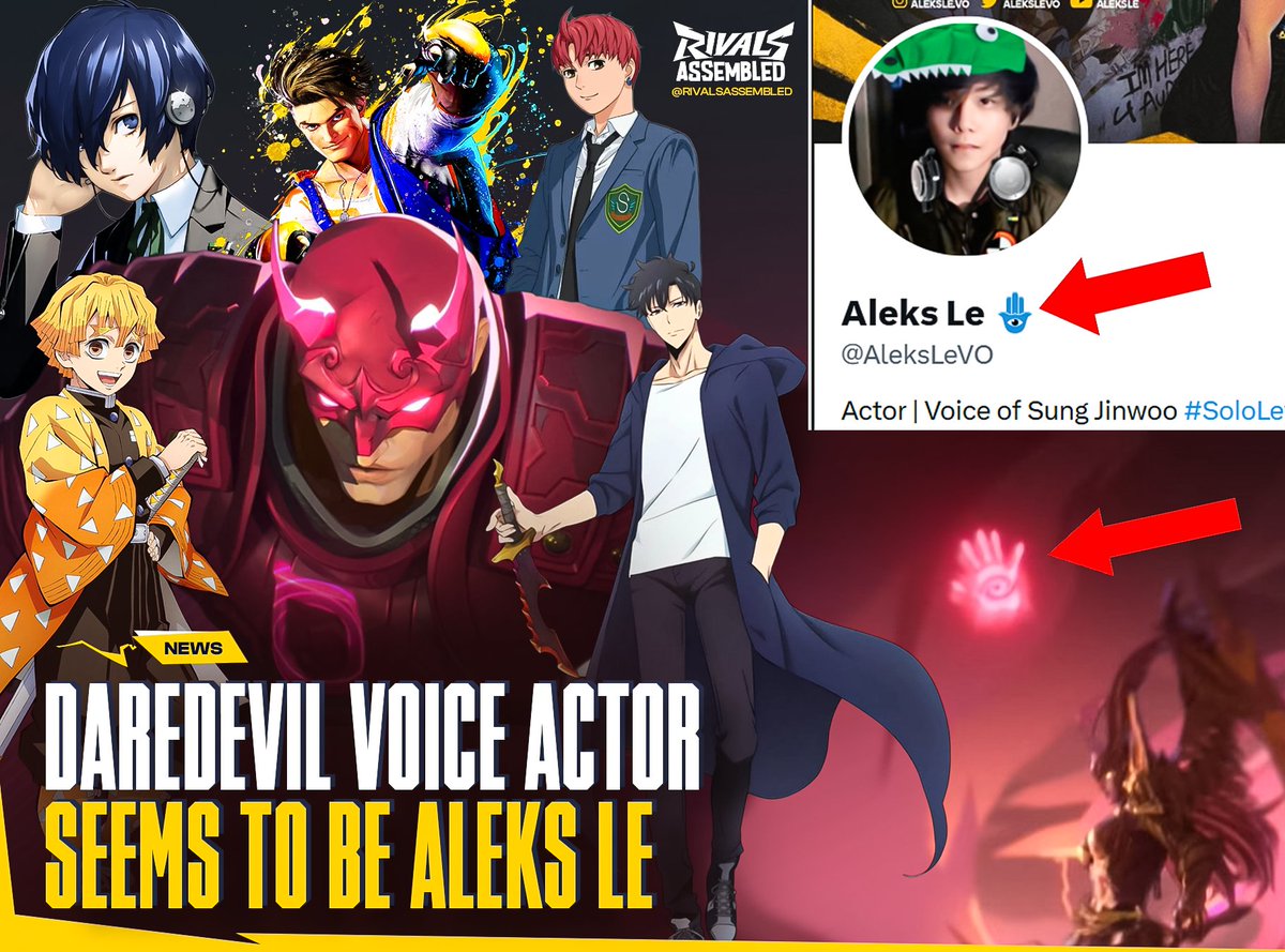 Marvel Rivals Intel (@rivalsassembled) on Twitter photo ‼️Daredevil's Voice Actor appears to be Aleks Le (<a href="/AleksLeVO/">Aleks Le 🪬</a>) in #MarvelRivals
He also voices Zenitsu, Sung Jinwoo, Jiji, Luke, Makoto Yuki, Thorfinn, and MANY more (dude's a legend) ‼️Daredevil's Voice Actor appears to be Aleks Le (<a href="/AleksLeVO/">Aleks Le 🪬</a>) in #MarvelRivals
He also voices Zenitsu, Sung Jinwoo, Jiji, Luke, Makoto Yuki, Thorfinn, and MANY more (dude's a legend)