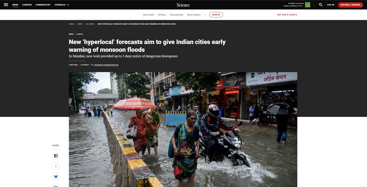 Excited to share that our work on Mumbai Extreme Rainfall &amp; Flood Forecasting has been featured in <a href="/ScienceMagazine/">Science Magazine</a> . science.org/content/articl… Big thanks to HDFC ERGO IITB Innovation Lab for funding <a href="/iitbombay/">IIT Bombay</a> <a href="/ClimateIITB/">Centre for Climate Studies, IIT Bombay</a> <a href="/EnggHead/">Head, Civil Engg. IIT Bombay</a> Our teammebers are tagged in the post