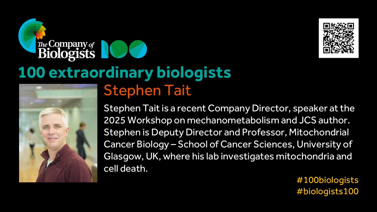 Co_Biologists's tweet image. Our next extraordinary biologist is Stephen Tait, recent @Co_Biologists Director, @J_Cell_Sci author and speaker at the 2025 Workshop on mechanometabolism. #100biologists