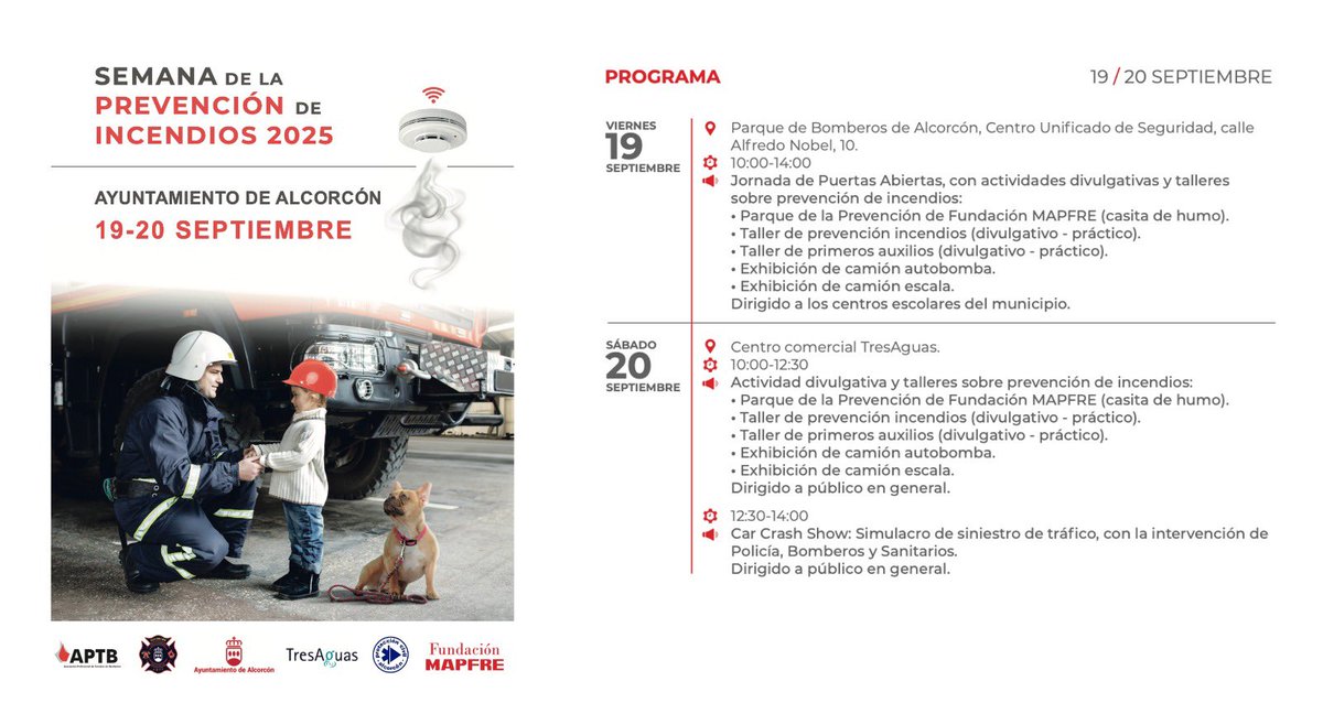 ¡ATENCIÓN niñas, niños y familias!
Los días 19 y 20 de septiembre tendremos en #Alcorcón la Semana de la #Prevención de #Incendios  
Hemos preparados un montón de actividades, talleres y simulacros.
¡Os esperamos!