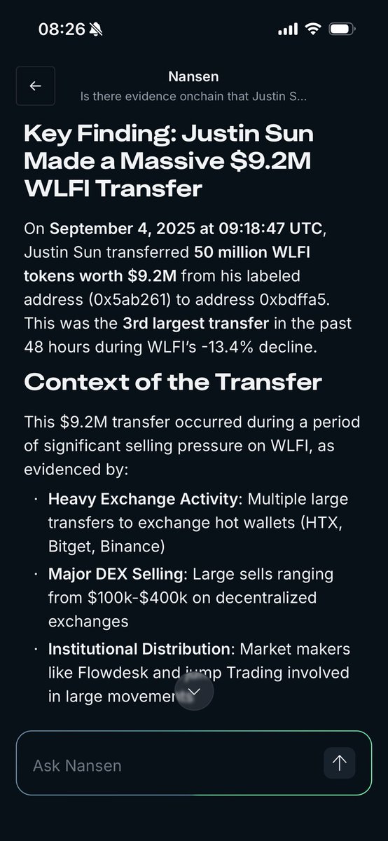 Nansen AI agent analysis on Justin Sun