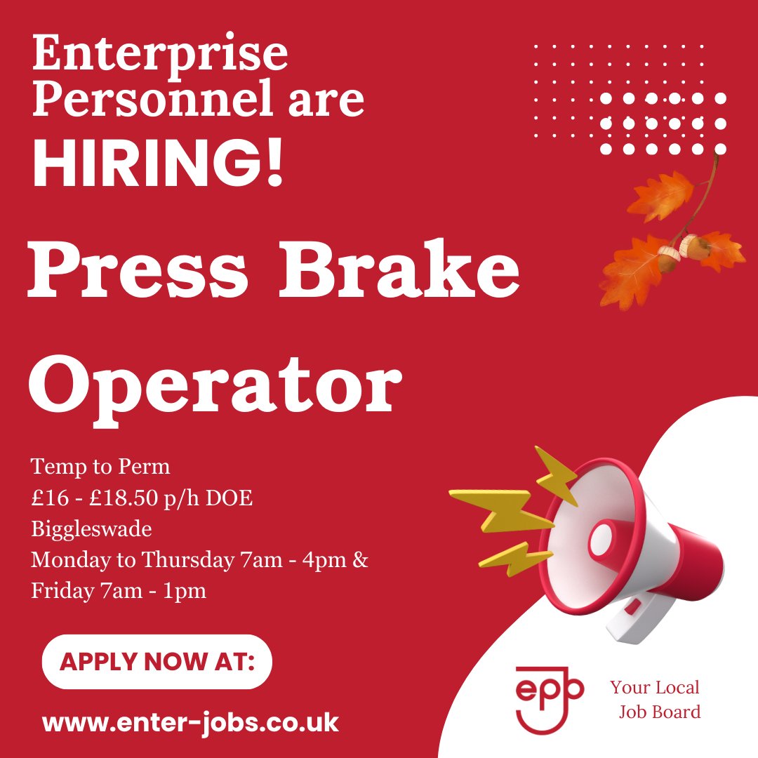 EnterJobs's tweet photo. Enterprise Personnel are looking to recruit a Press Brake Operator for their client in Biggleswade.
Apply now via our website! 

#pressbrake #pressbrakeoperator #machineoperator #machineoperative #machineprogramming #pressbrakemachine #biggleswade #bedfordshirebusiness https://t.co/UT3yRlC9pV