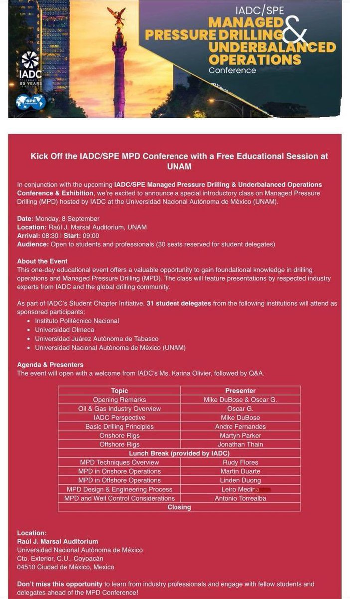 DICT_FIUNAM's tweet photo. 📅 8 de septiembre | 🎓 Sesión gratuita en la UNAM
Tema: Managed Pressure Drilling (MPD) 🌍💡
🕘 09:00 | 📍 Auditorio Raúl J. Marsal, FI, UNAM
👨🎓 Estudiantes y profesionales bienvenidos
👉 ¡Aprende con expertos internacionales!
#UNAM #IADC #SPE #MPD https://t.co/1vPltiIvyx