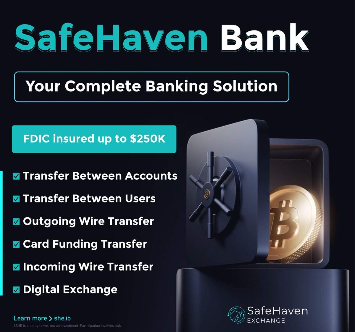 SafeHavenExch's tweet photo. 🚀 SafeHaven Bank | Launching Q4 2025

SafeHaven Bank will provide a comprehensive suite of banking services, seamlessly integrated with your SafeHaven Exchange account. From instant transfers to digital currency exchange, we're building the future of banking.

The future of banking is here.

🔒 FDIC insured up to $250K
⚡️ Instant transfers & global access
💳 Integrated debit cards
🌍 Seamless fiat ↔️ digital exchange

A complete banking suite, built into your SafeHaven ecosystem.

Explore here : https://t.co/J8wpgZ2oGR

⚠️ $SHE is a utility token, not an investment. Participation involves risk, including potential loss of access or functionality due to market volatility.

#SafeHavenBank #FutureOfFinance #FintechRevolution #DigitalBanking #CryptoBank #Web3Finance #SHE
