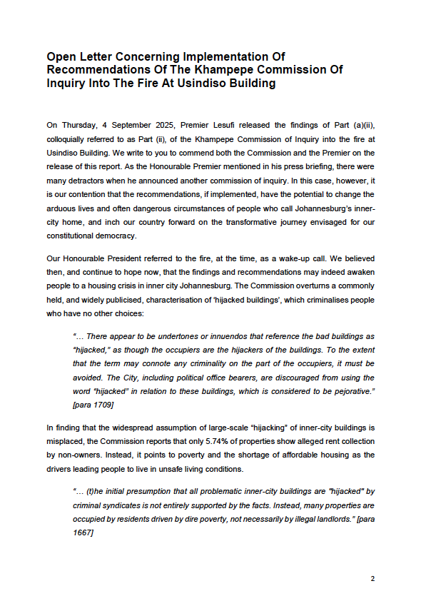 SERI_RightsSA's tweet photo. [OPEN LETTER] Today, SERI &amp; the Inner City Federation issued an open letter to the President, Minister of Human Settlements, and Premier of Gauteng calling for urgent implementation of the Khampepe Commission’s findings on the Usindiso Building fire.

| https://t.co/VFiXCwwQrj https://t.co/dHFXLiH9iN