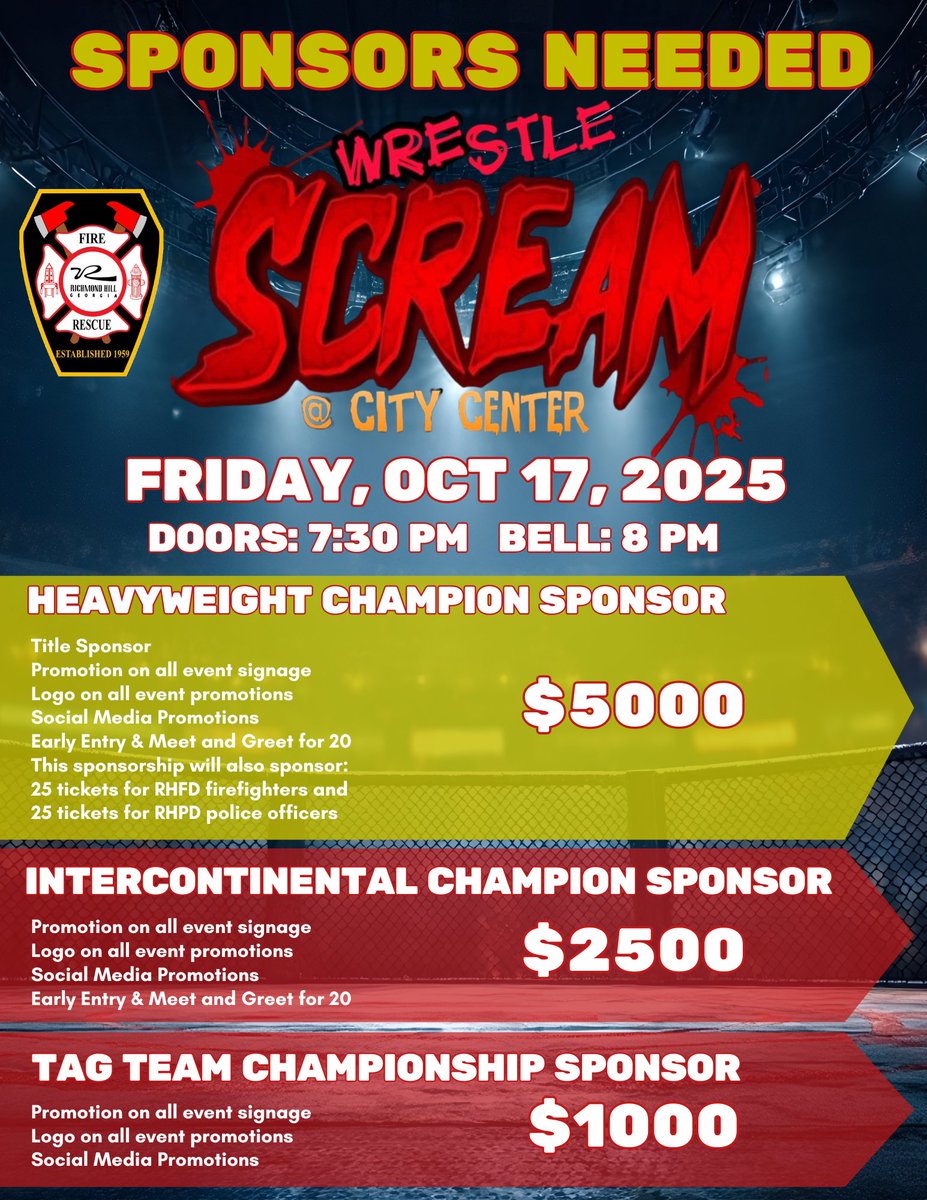 OfRichmond's tweet photo. 𝗦𝗣𝗢𝗡𝗦𝗢𝗥𝗦 𝗡𝗘𝗘𝗗𝗘D
It’s time to tag in! Wrestle Scream hits the ring Friday, Oct. 17, 2025!

This high-energy event will pack the house, and your business can be in the spotlight too! 

Interested? 𝗖𝗼𝗻𝘁𝗮𝗰𝘁 𝗖𝗵𝗶𝗲𝗳 𝗚𝗿𝗲𝗲𝗻𝗲 at bgreene@richmondhill-ga.gov. https://t.co/uFJglCkxpj
