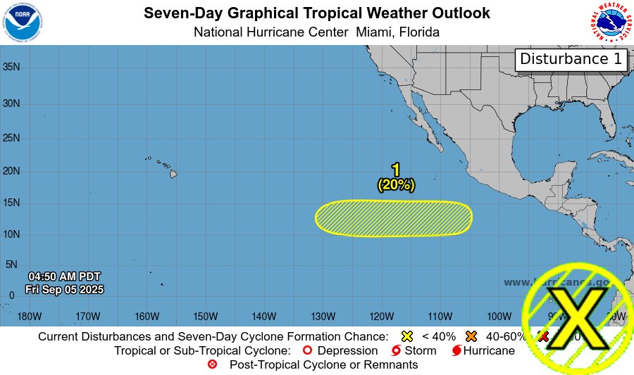 TrevorTropicsWX's tweet photo. EPAC #HurricaneSeason2025 5am PDT
New AOI has an 0% chance to become a TC in 2 days, 20% in 7 days
interests there are advised to monitor its progress
Next invest no:#Invest94E/#94E/#EP94
 Next name:#Mario
#wxtwitter #wxX #Tropicswx #Tropicalwx #Tropics #Hurricane https://t.co/gyMwnyHN8n