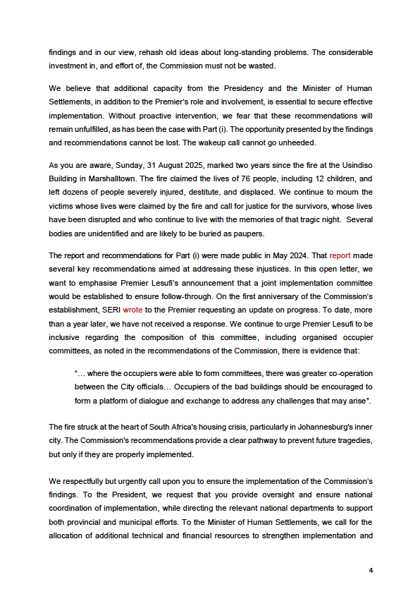 SERI_RightsSA's tweet photo. [OPEN LETTER] Today, SERI &amp; the Inner City Federation issued an open letter to the President, Minister of Human Settlements, and Premier of Gauteng calling for urgent implementation of the Khampepe Commission’s findings on the Usindiso Building fire.

| https://t.co/VFiXCwwQrj https://t.co/dHFXLiH9iN