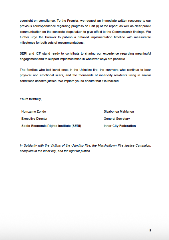 [OPEN LETTER] Today, SERI &amp; the Inner City Federation issued an open letter to the President, Minister of Human Settlements, and Premier of Gauteng calling for urgent implementation of the Khampepe Commission’s findings on the Usindiso Building fire.

| shorturl.at/p30Sh