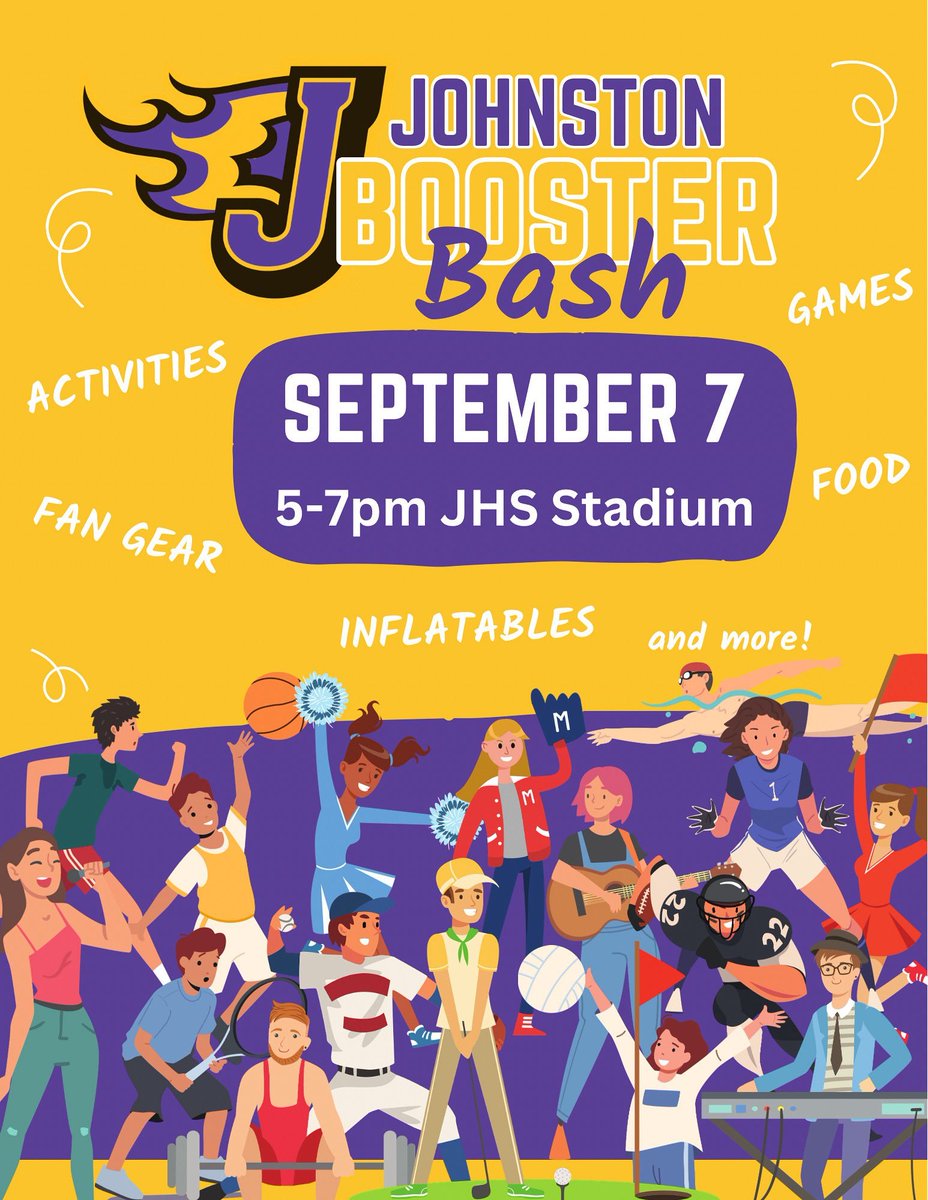 The Booster Bash is September 7th from 5-7pm at the JHS Stadium.  There will be games, activities, and inflatables.  Come meet High School athletic teams, clubs, activities, as well as Band and choir students. Concessions and booster club apparel store will be open.